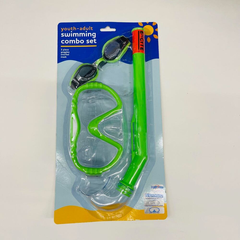 Youth-Adult Swimming Combo Set 3 Piece‎ Goggles Snorkel Mask Color Green